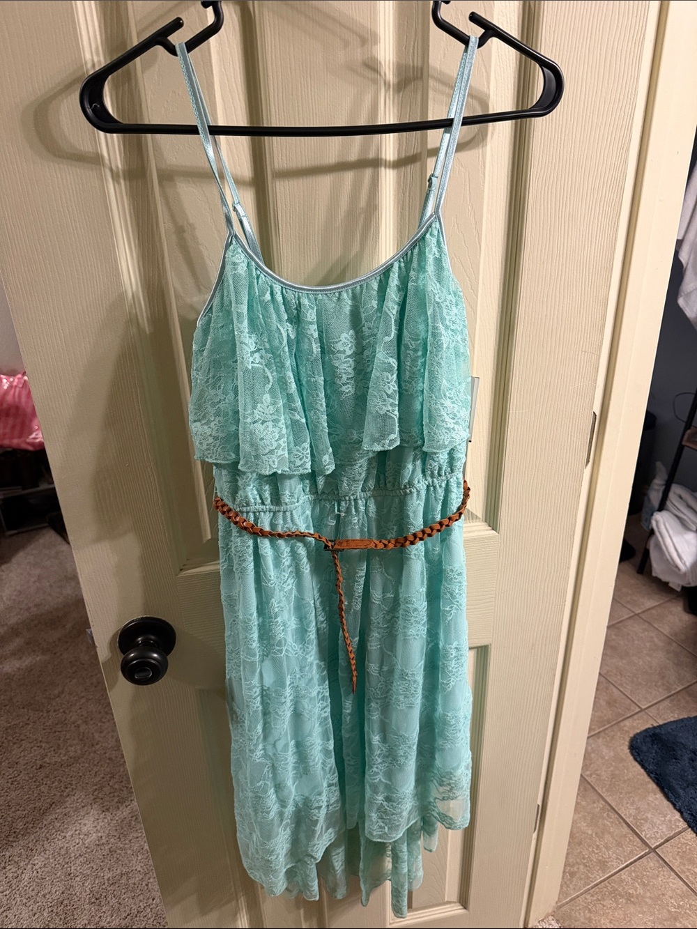 Love Reign Mint Lace Ruffle Spaghetti Strap Dress with Braided Belt